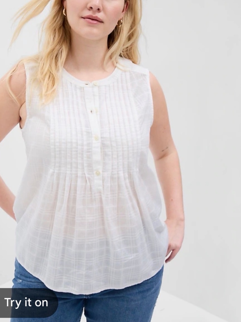 Gap Sleeveless Pintuck Top Cotton Blouse White Grid Whimsy Cottagecore Women’s L